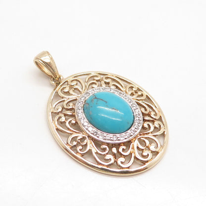 925 Sterling Silver Gold Plated Ross Simons Turquoise Gem & C Z Ornate Pendant