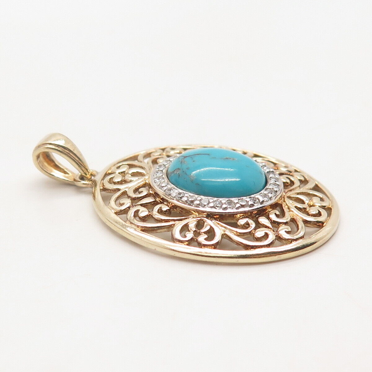 925 Sterling Silver Gold Plated Ross Simons Turquoise Gem & C Z Ornate Pendant