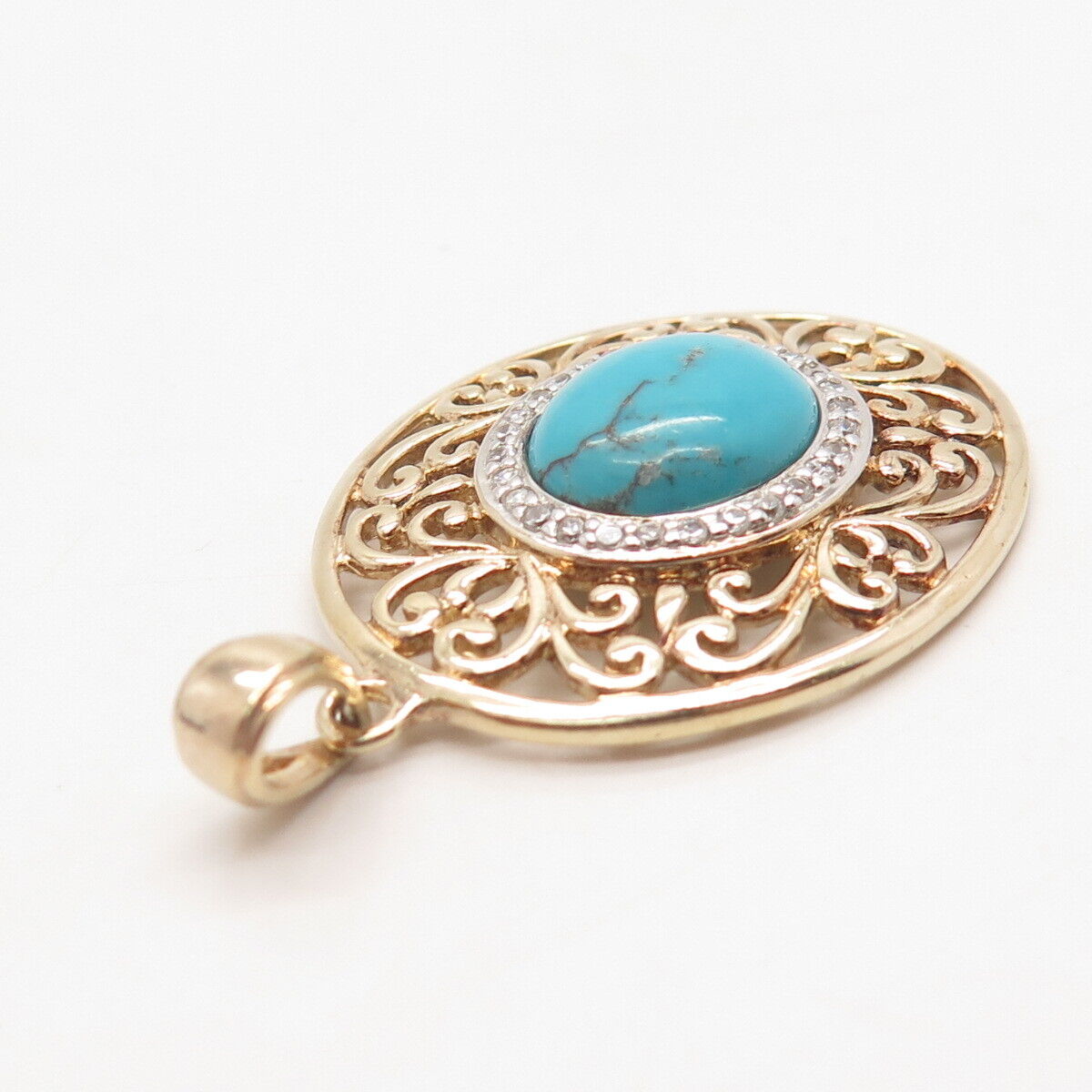 925 Sterling Silver Gold Plated Ross Simons Turquoise Gem & C Z Ornate Pendant