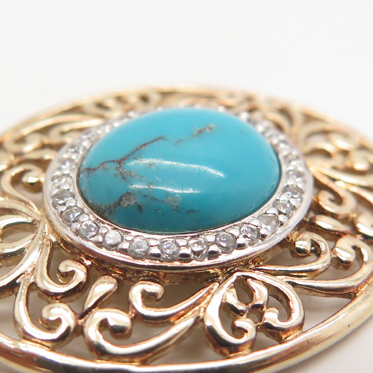 925 Sterling Silver Gold Plated Ross Simons Turquoise Gem & C Z Ornate Pendant