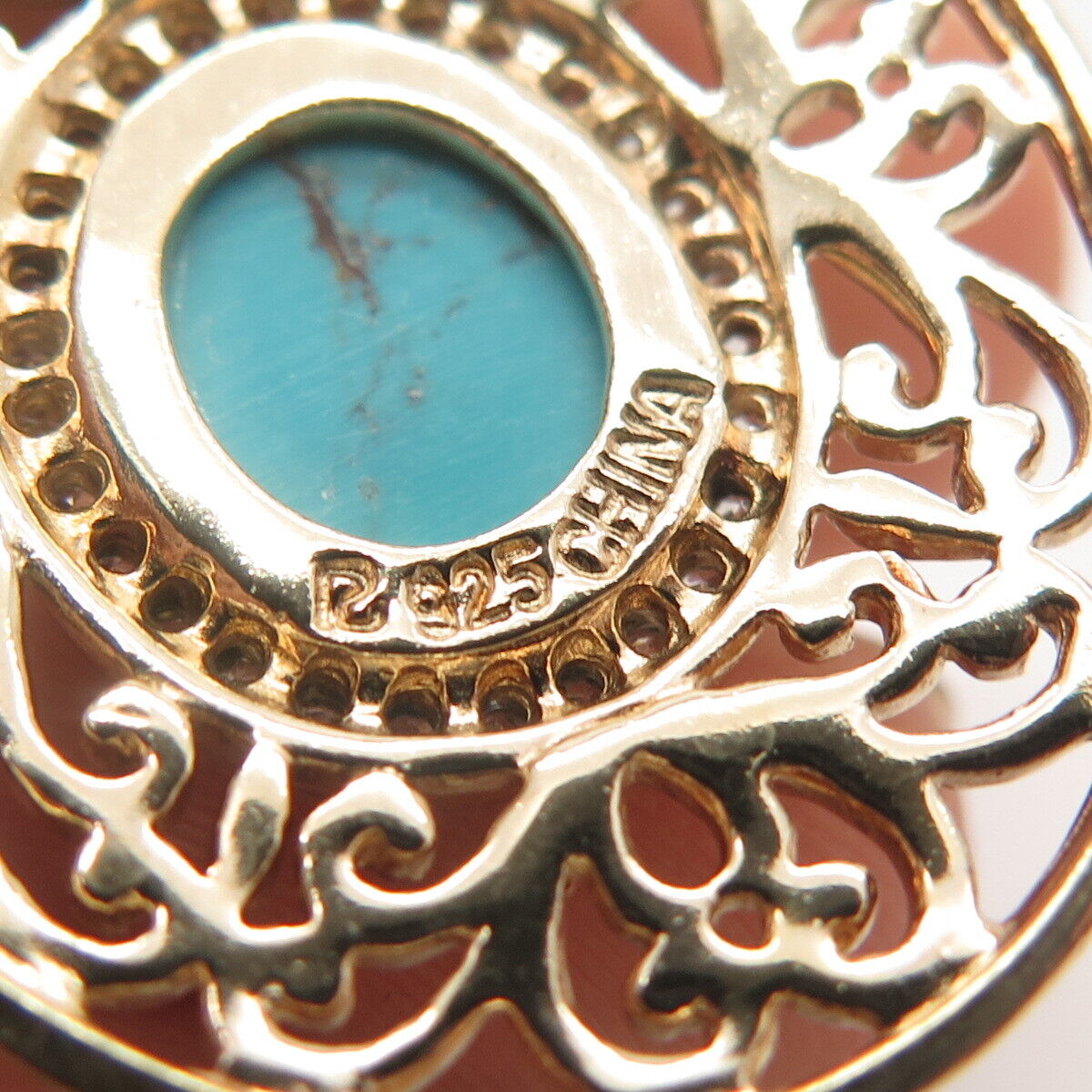 925 Sterling Silver Gold Plated Ross Simons Turquoise Gem & C Z Ornate Pendant