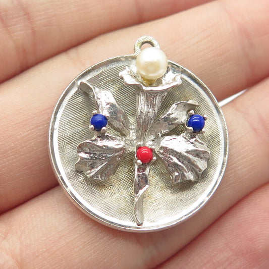 925 Sterling Silver Vintage Real Pearl Colorful Glass Floral Pendant