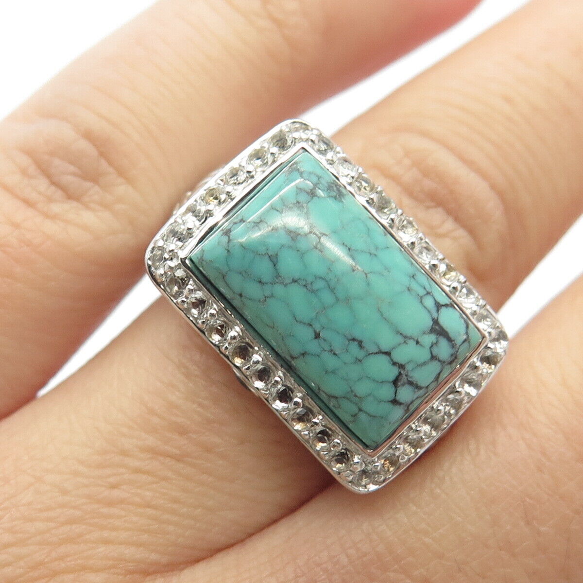 925 Sterling Silver Real Turquoise White & Blue Topaz Gem Woven Ring Size 5.75