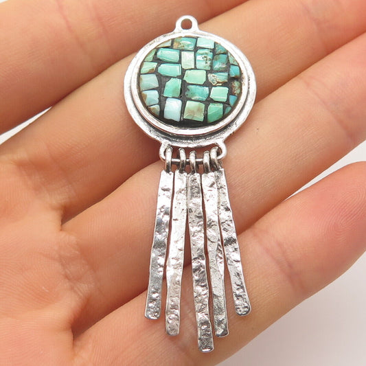 925 Sterling Silver Vintage Real Turquoise Gem Multi-Bar Ethnic Pendant