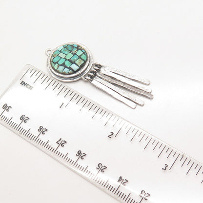 925 Sterling Silver Vintage Real Turquoise Gem Multi-Bar Ethnic Pendant