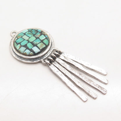 925 Sterling Silver Vintage Real Turquoise Gem Multi-Bar Ethnic Pendant