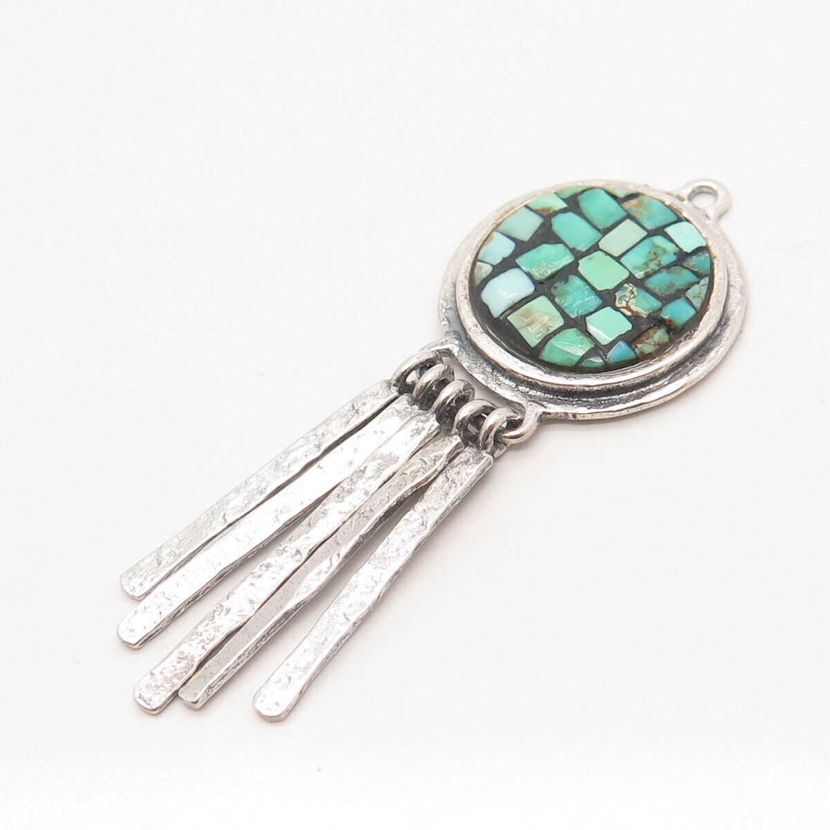 925 Sterling Silver Vintage Real Turquoise Gem Multi-Bar Ethnic Pendant