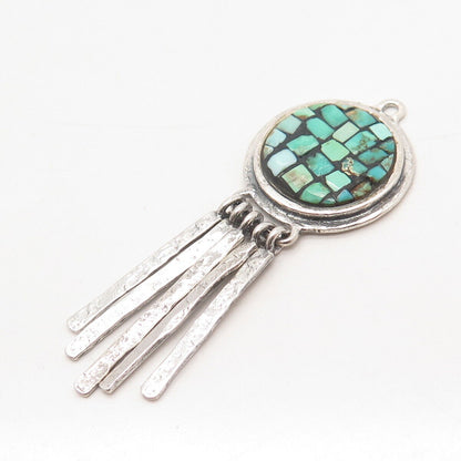 925 Sterling Silver Vintage Real Turquoise Gem Multi-Bar Ethnic Pendant