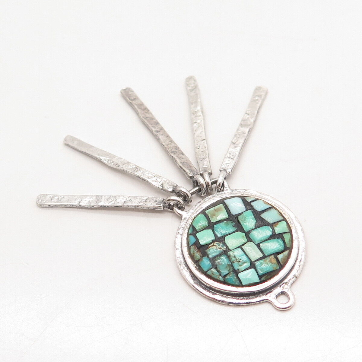 925 Sterling Silver Vintage Real Turquoise Gem Multi-Bar Ethnic Pendant