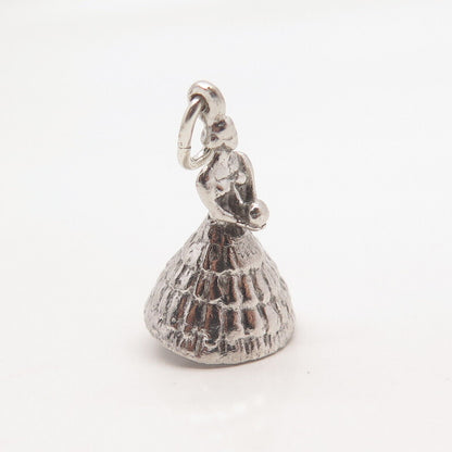 925 Sterling Silver Vintage Lady w/ Bouquet Charm Pendant