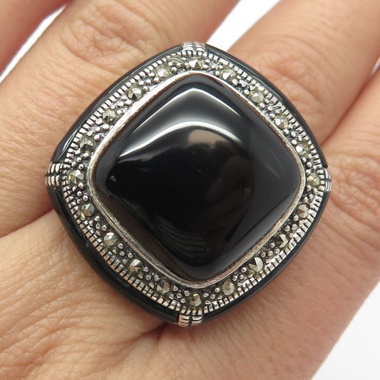 925 Sterling Silver Vintage Real Black Onyx & Marcasite Gemstone Ring Size 8