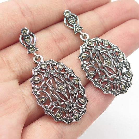 925 Sterling Silver Vintage Real Marcasite Gem Ornate Dangling Earrings