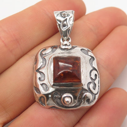 925 Sterling Silver Vintage Silpada Real Amber Ornate Pendant