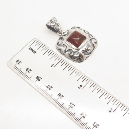 925 Sterling Silver Vintage Silpada Real Amber Ornate Pendant