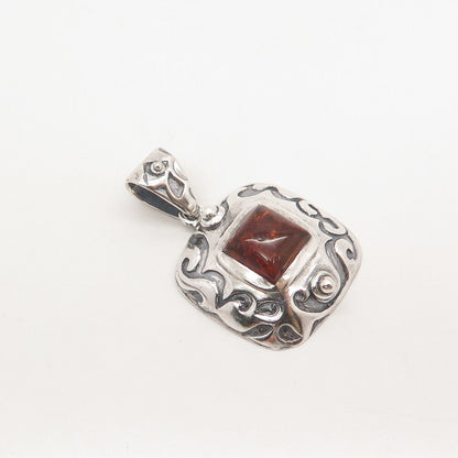 925 Sterling Silver Vintage Silpada Real Amber Ornate Pendant