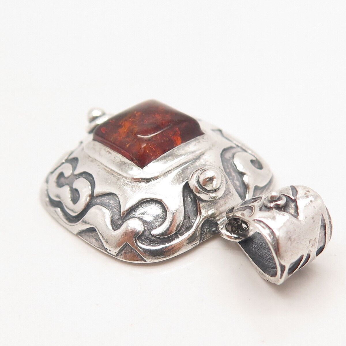 925 Sterling Silver Vintage Silpada Real Amber Ornate Pendant