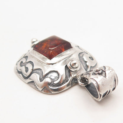 925 Sterling Silver Vintage Silpada Real Amber Ornate Pendant