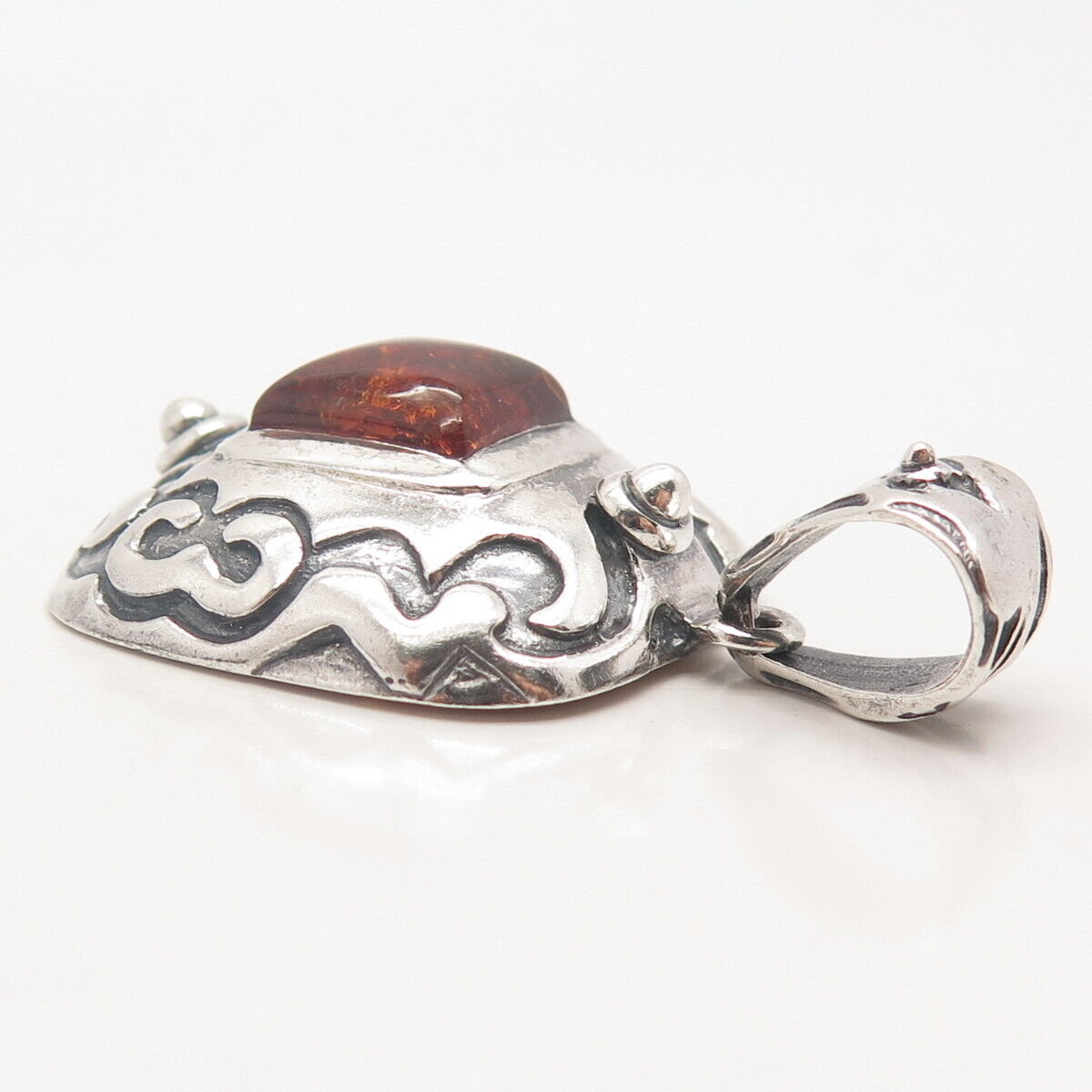 925 Sterling Silver Vintage Silpada Real Amber Ornate Pendant