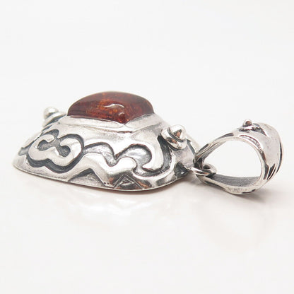 925 Sterling Silver Vintage Silpada Real Amber Ornate Pendant