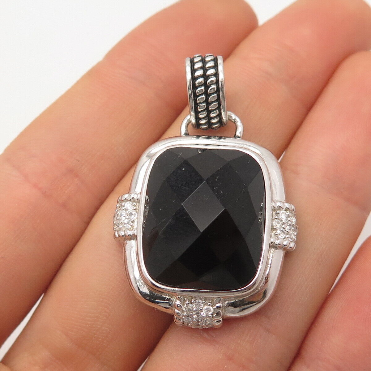 925 Sterling Silver Real Black Onyx Gemstone & C Z Pendant