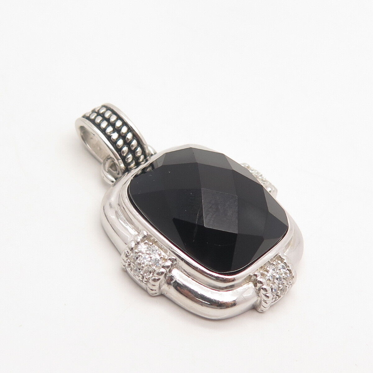 925 Sterling Silver Real Black Onyx Gemstone & C Z Pendant