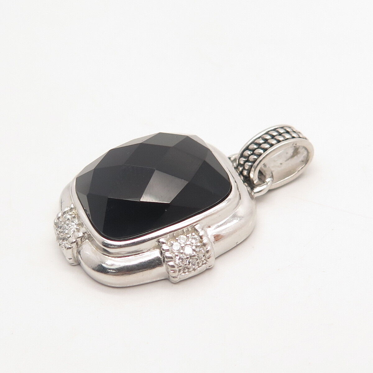 925 Sterling Silver Real Black Onyx Gemstone & C Z Pendant