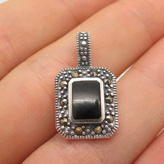 925 Sterling Silver Vintage Real Black Onyx & Marcasite Gem Beaded Pendant