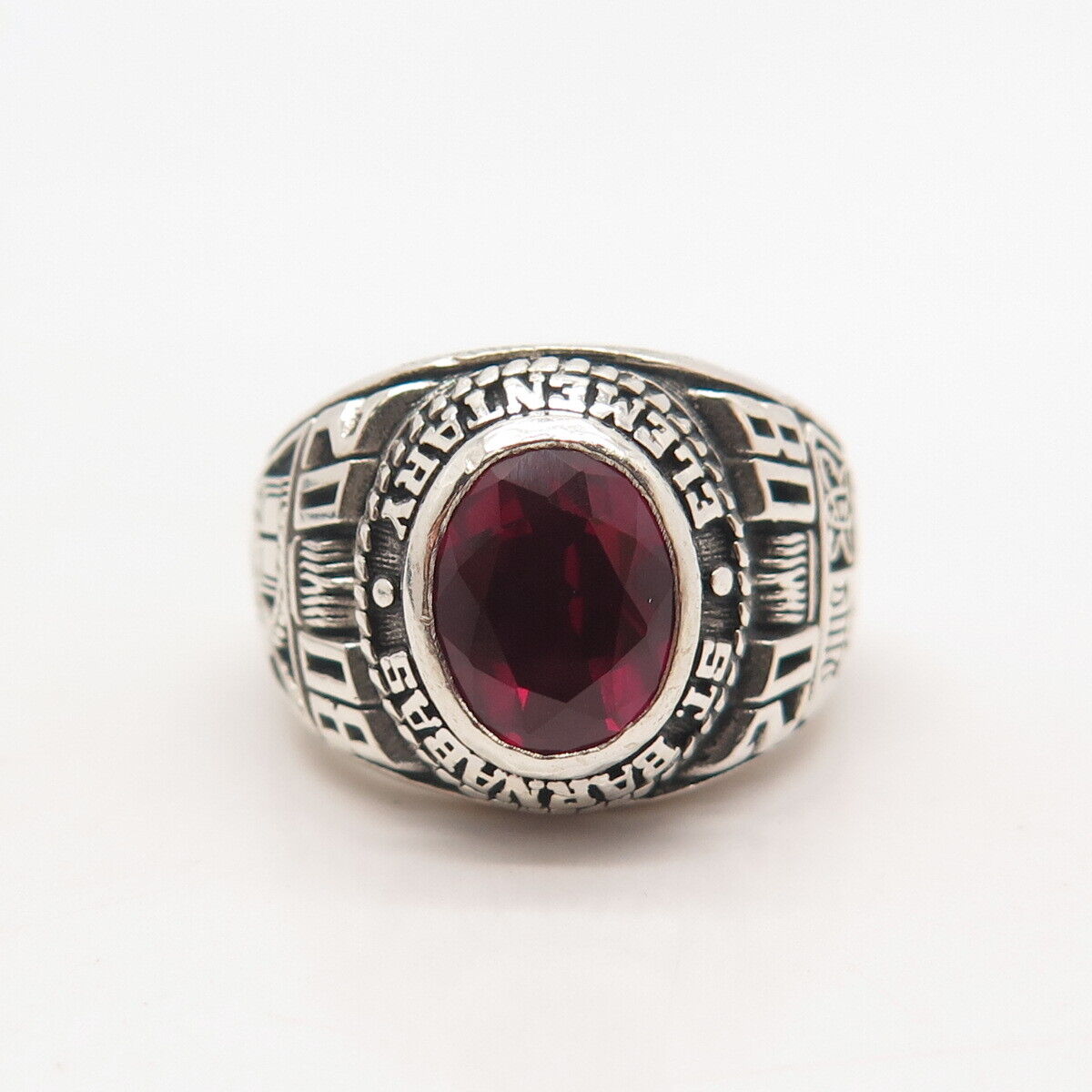 925 Sterling Silver Vintage Reed Lab Ruby 2008 St. Barnabas School Ring Size 6.5