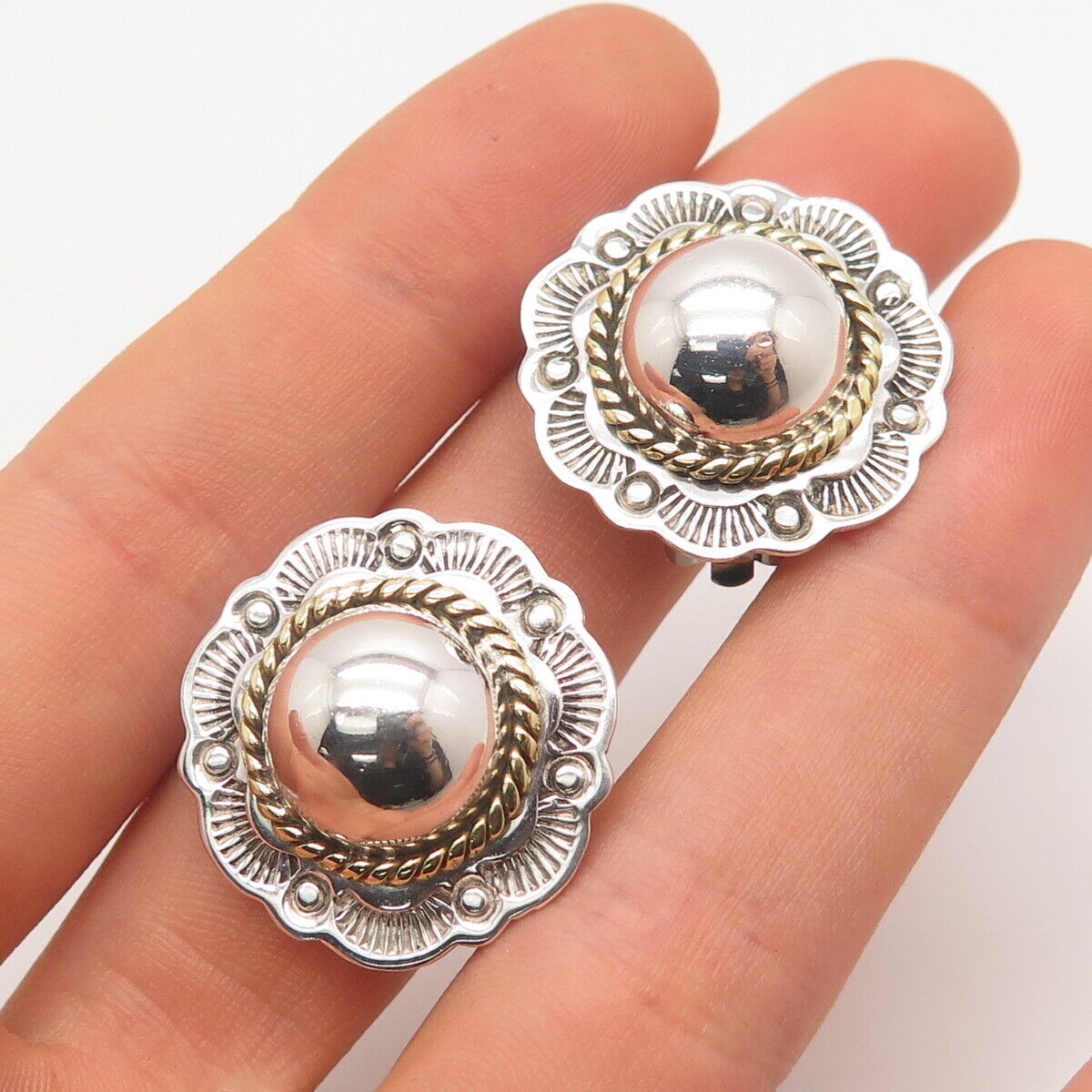 925 Sterling Silver 2-Tone Vintage Mexico Ethnic Clip On Earrings