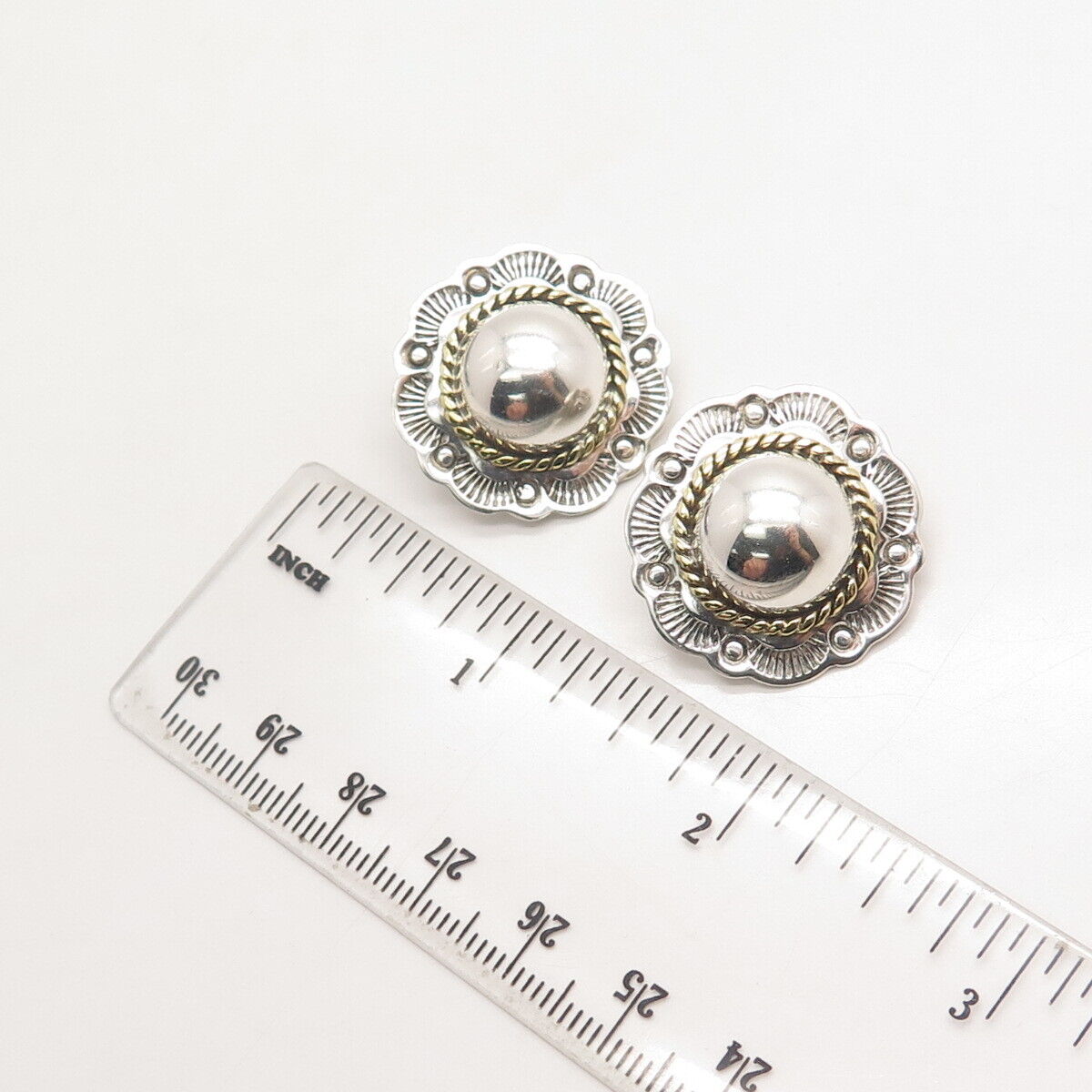 925 Sterling Silver 2-Tone Vintage Mexico Ethnic Clip On Earrings