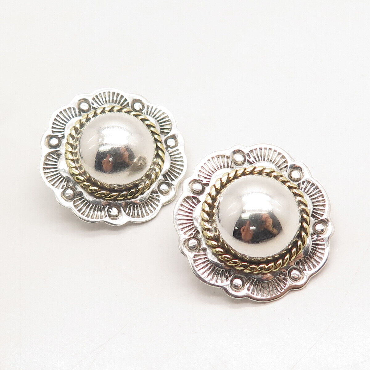 925 Sterling Silver 2-Tone Vintage Mexico Ethnic Clip On Earrings