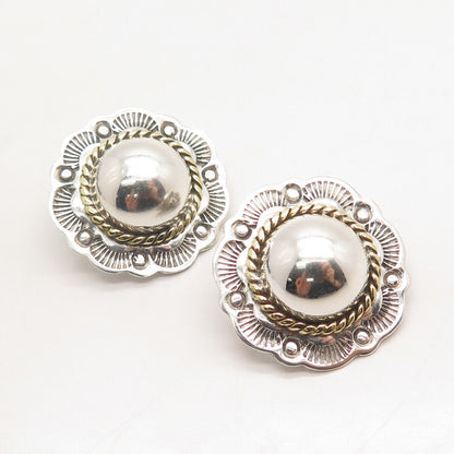 925 Sterling Silver 2-Tone Vintage Mexico Ethnic Clip On Earrings