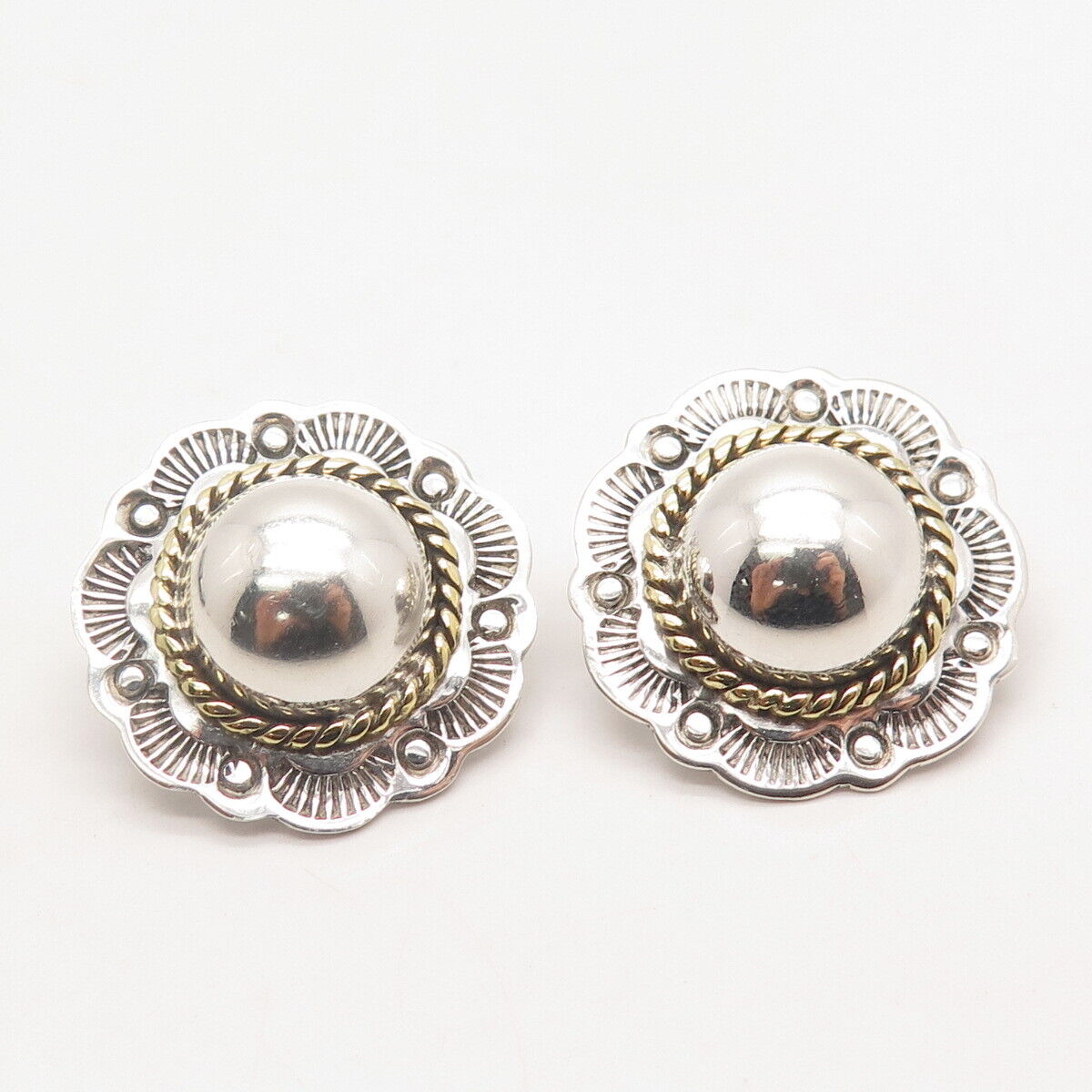 925 Sterling Silver 2-Tone Vintage Mexico Ethnic Clip On Earrings