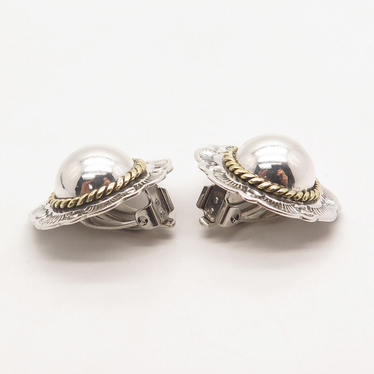 925 Sterling Silver 2-Tone Vintage Mexico Ethnic Clip On Earrings