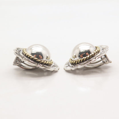 925 Sterling Silver 2-Tone Vintage Mexico Ethnic Clip On Earrings