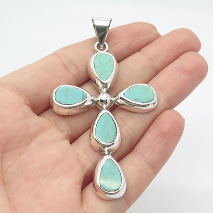 925 Sterling Silver Vintage Mexico ATI Real Turquoise Gem Cross Pendant