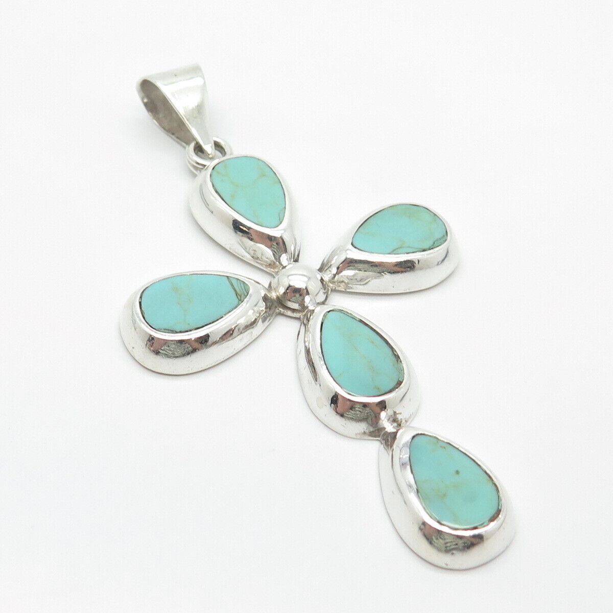 925 Sterling Silver Vintage Mexico ATI Real Turquoise Gem Cross Pendant