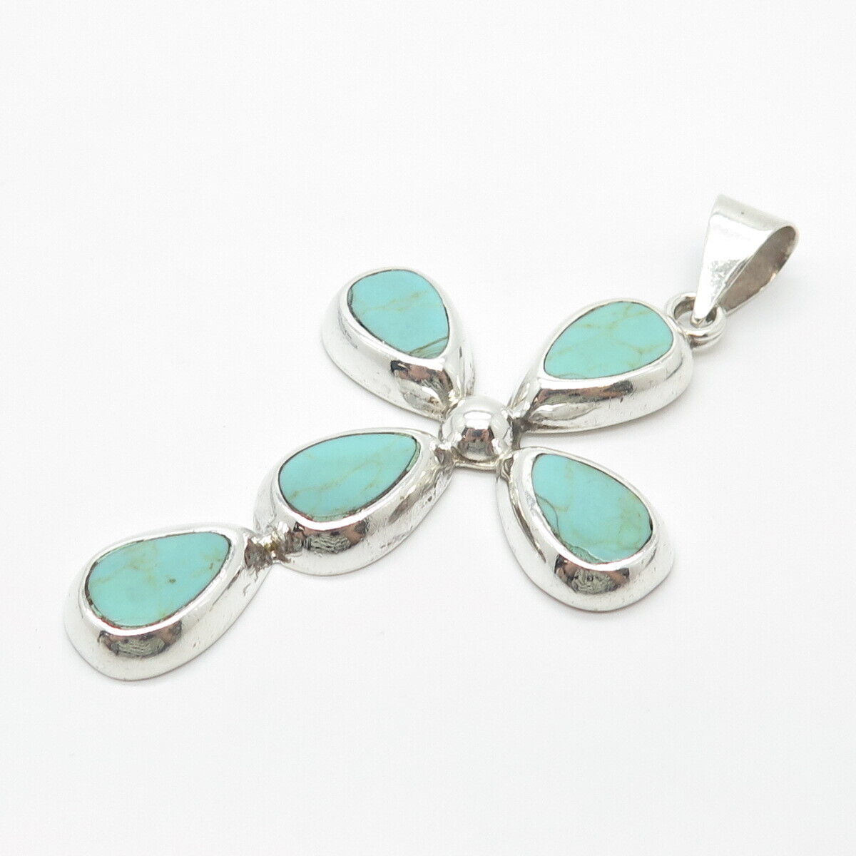 925 Sterling Silver Vintage Mexico ATI Real Turquoise Gem Cross Pendant