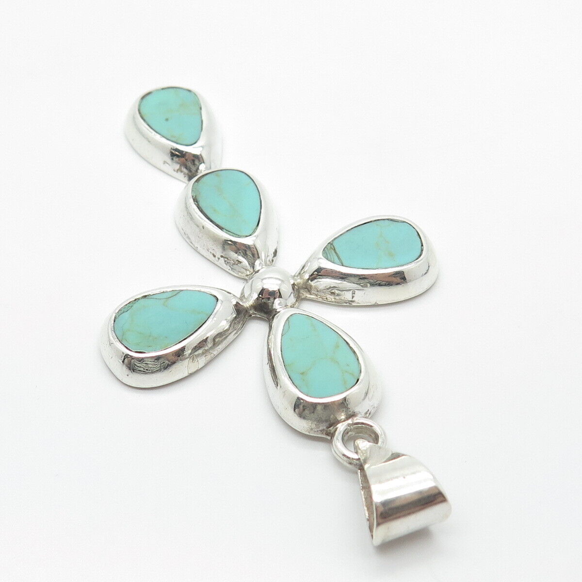 925 Sterling Silver Vintage Mexico ATI Real Turquoise Gem Cross Pendant