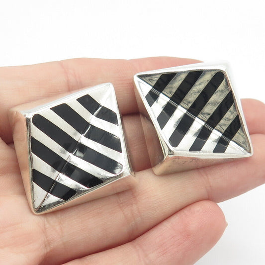 925 Sterling Silver Vintage Mexico Enamel Striped Clip On Earrings