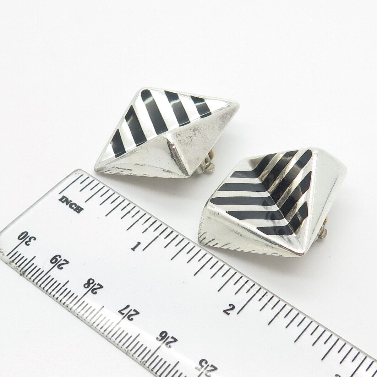 925 Sterling Silver Vintage Mexico Enamel Striped Clip On Earrings