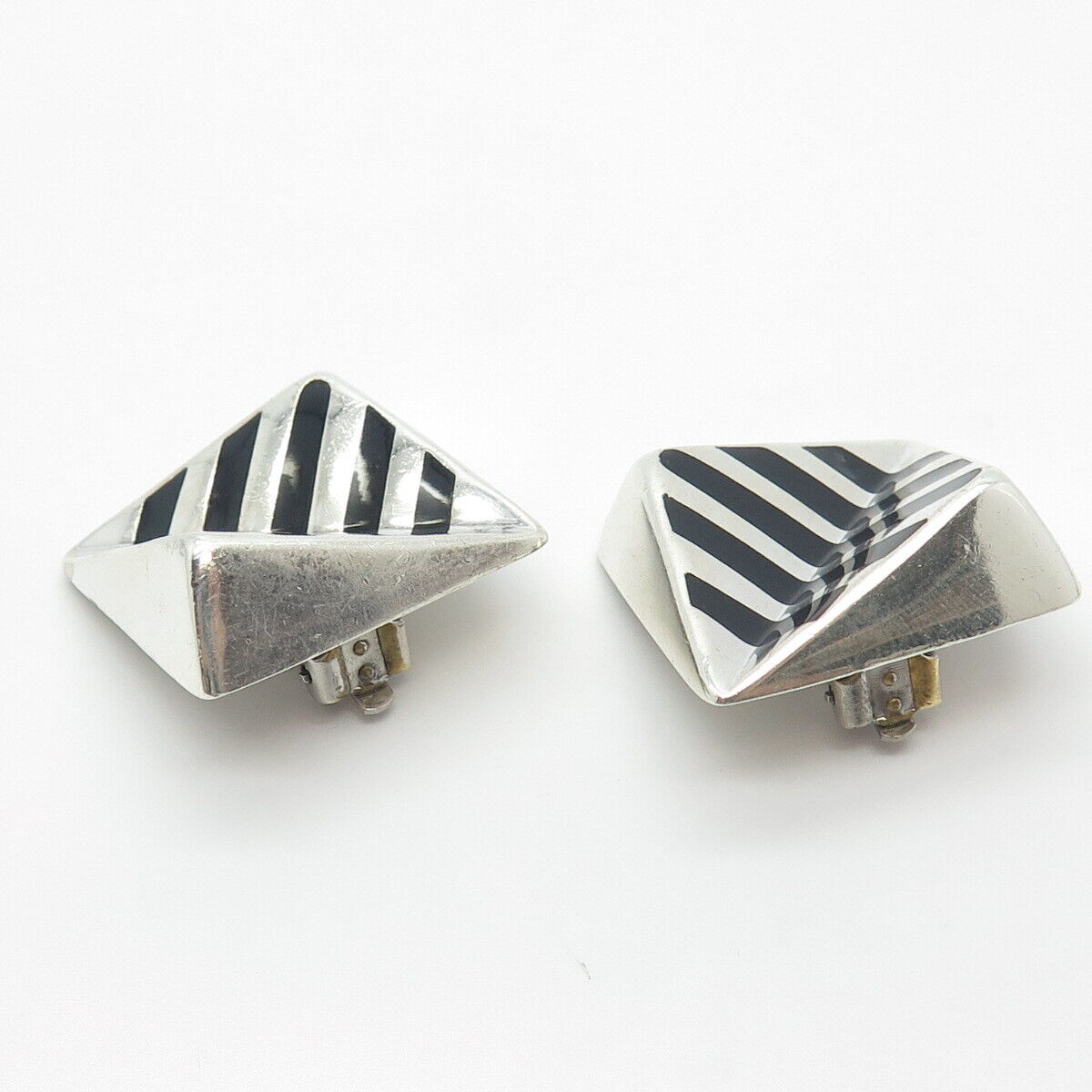 925 Sterling Silver Vintage Mexico Enamel Striped Clip On Earrings