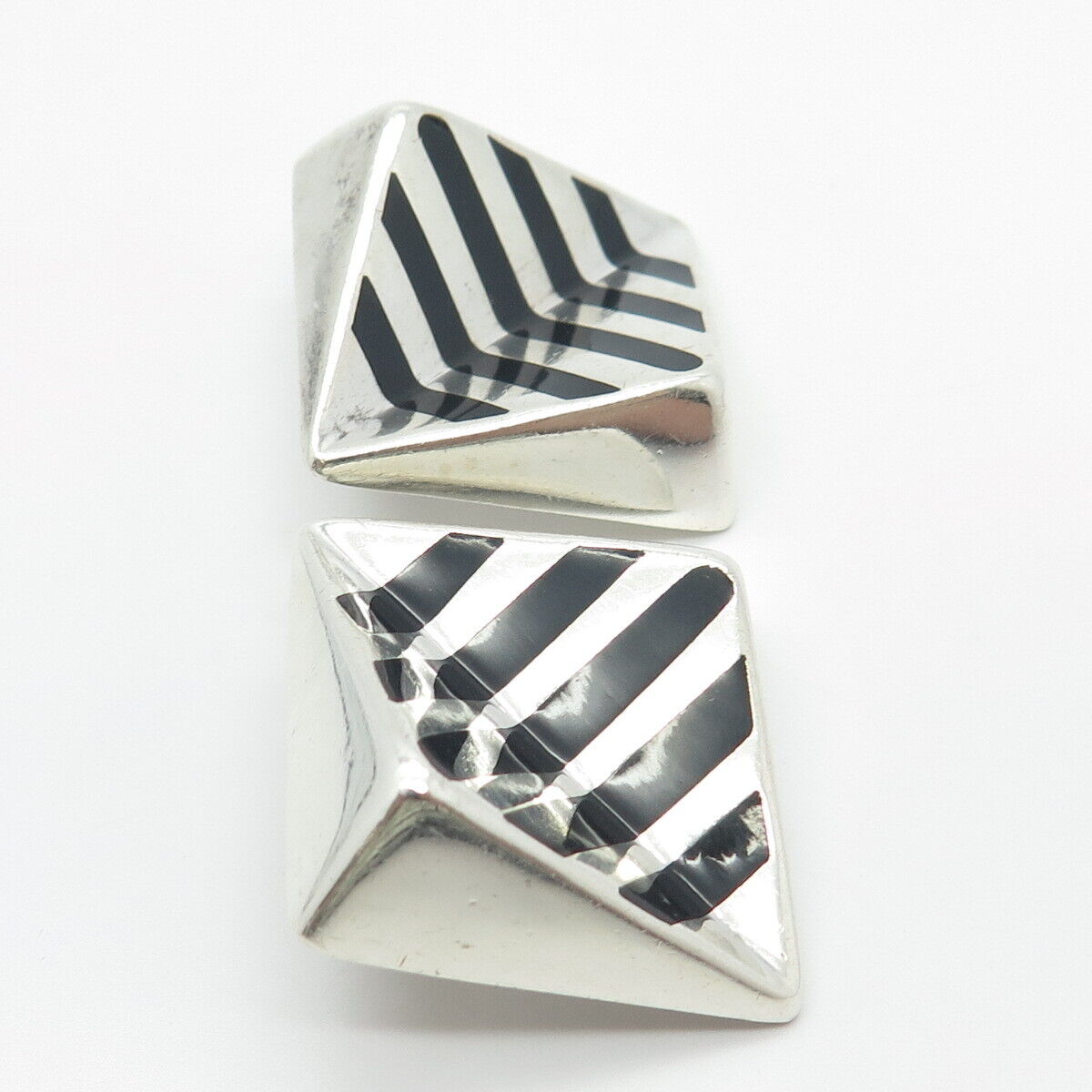 925 Sterling Silver Vintage Mexico Enamel Striped Clip On Earrings