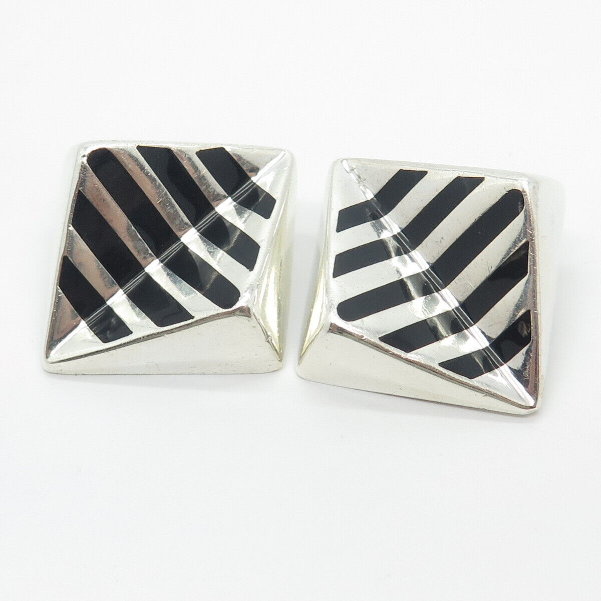 925 Sterling Silver Vintage Mexico Enamel Striped Clip On Earrings