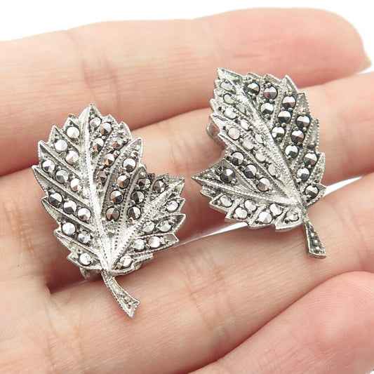 925 Sterling Silver Vintage Real Marcasite Gem Leaf Clip On Earrings