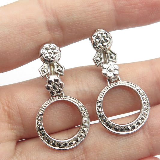 925 Sterling Silver Vintage Real Marcasite Gem Dangling Hoop Earrings