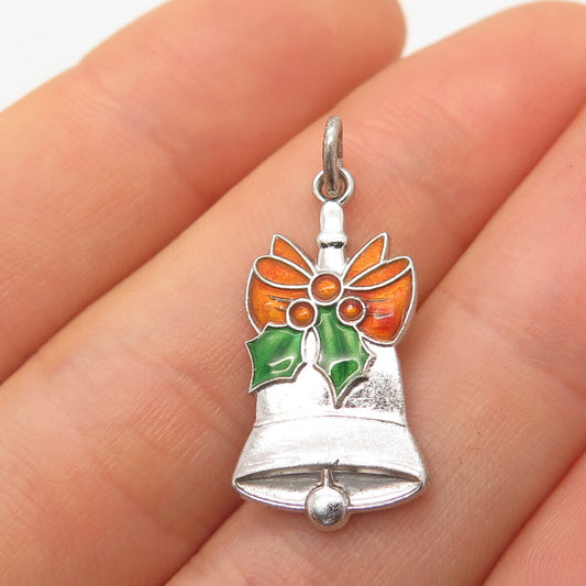 925 Sterling Silver Vintage Wells Colorful Enamel Christmas Bell Pendant