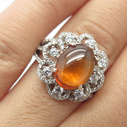 925 Sterling Silver Real Citrine Gemstone & C Z Ring Size 7