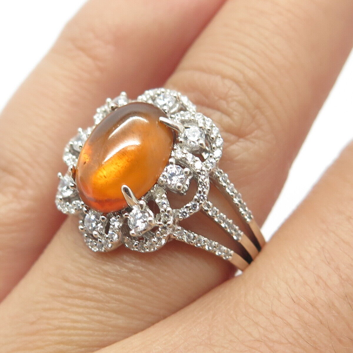 925 Sterling Silver Real Citrine Gemstone & C Z Ring Size 7