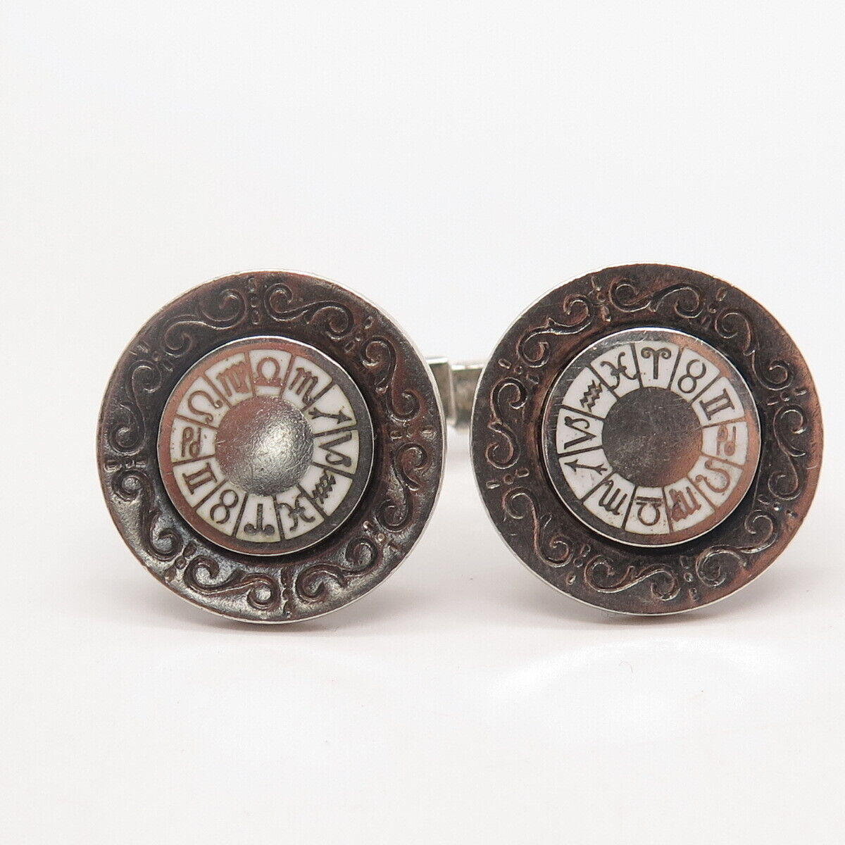 925 Sterling Silver Vintage 1971 London England Enamel Zodiac Signs Cufflinks